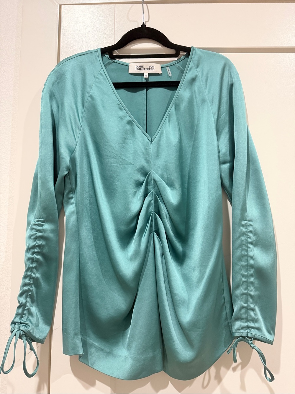 Diane Von Furstenberg Teal Gathered V-Neck Long Sleeve Blouse